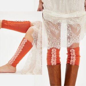 Free People French Knot Dainty Cottage Wool Crochet Flower Peach Lace Legwarmers